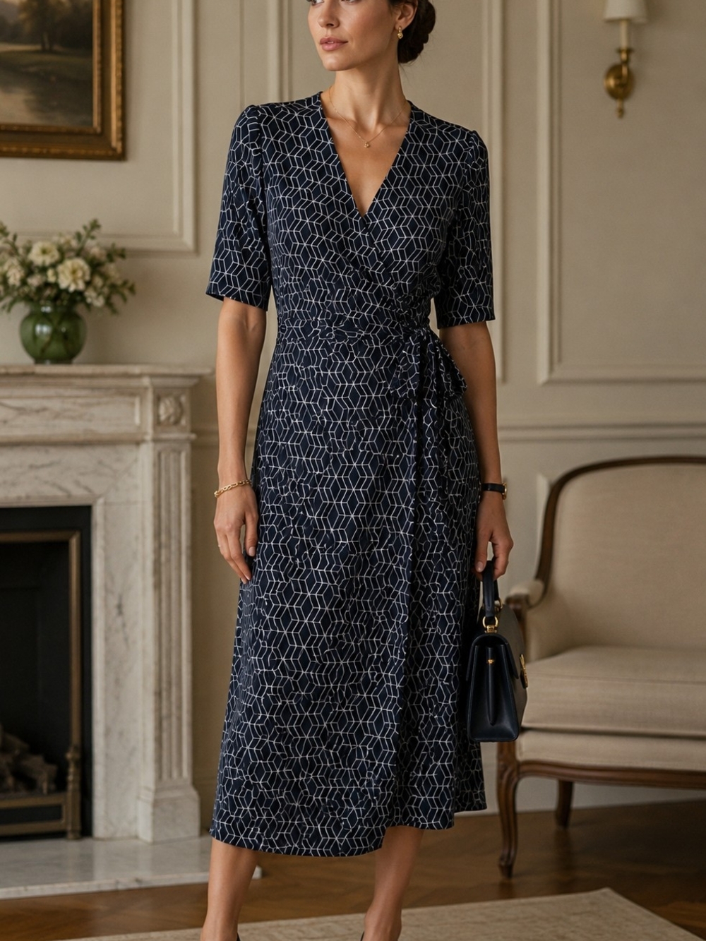 Navy Geometric Wrap Midi Dress Stitch Fix 41 Hawthorn 1X Work/Office